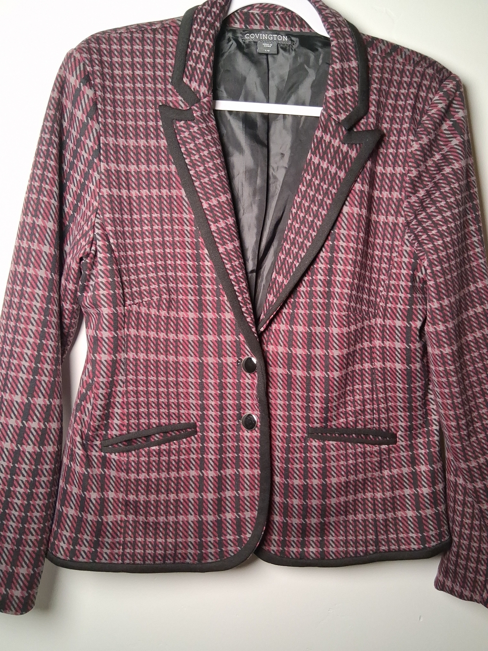 Covington Women's Burgundy Houndstooth Blazer w/ Gray & Black size L Two Buttons